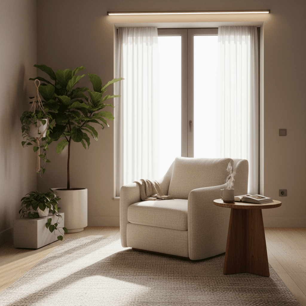 Warm residential care home interior with comfortable seating and peaceful living space